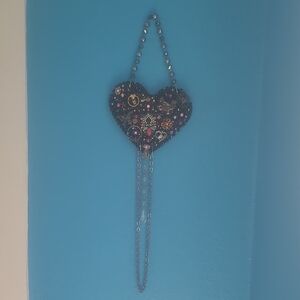 Embellished Mixed Media Heart Wall Hanging in Black and Pink